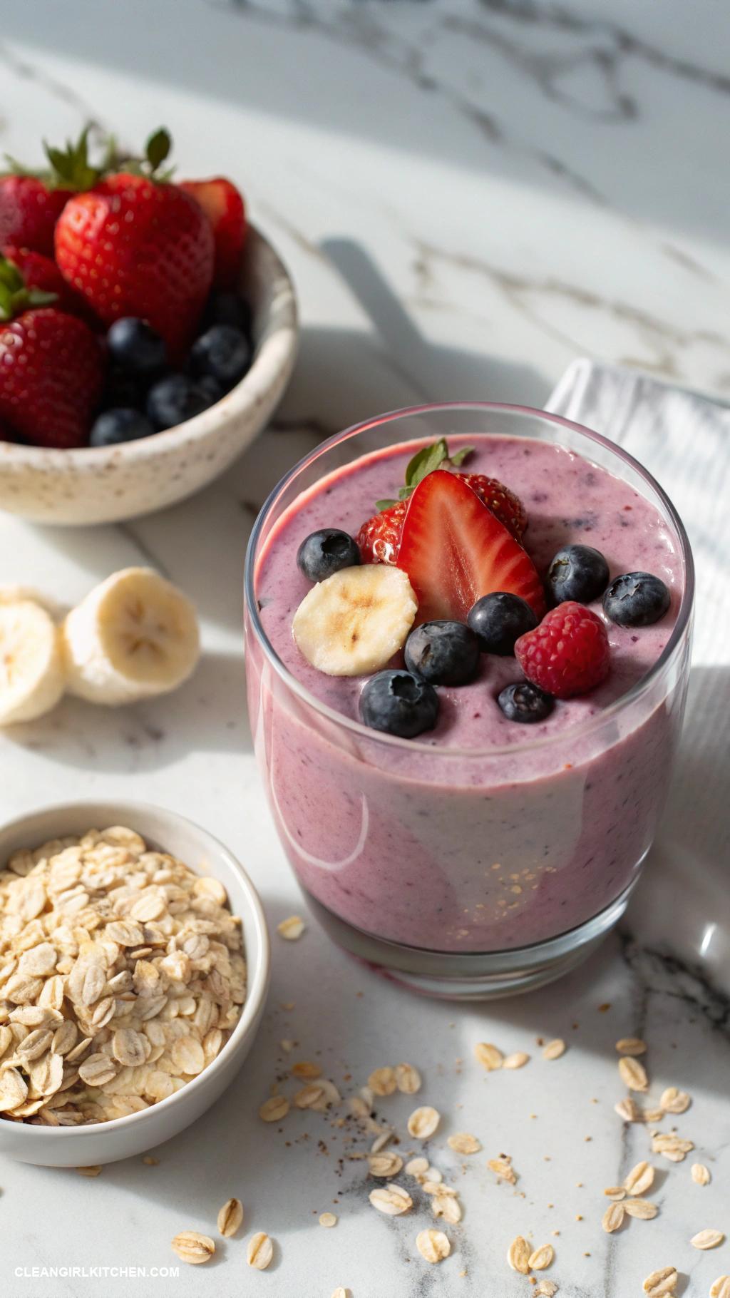 berry smoothie recipes Berry Banana Oat Smoothie Mix rolled oats banana mixed berries almond milk and a scoop of protein powder for a filling breakfast