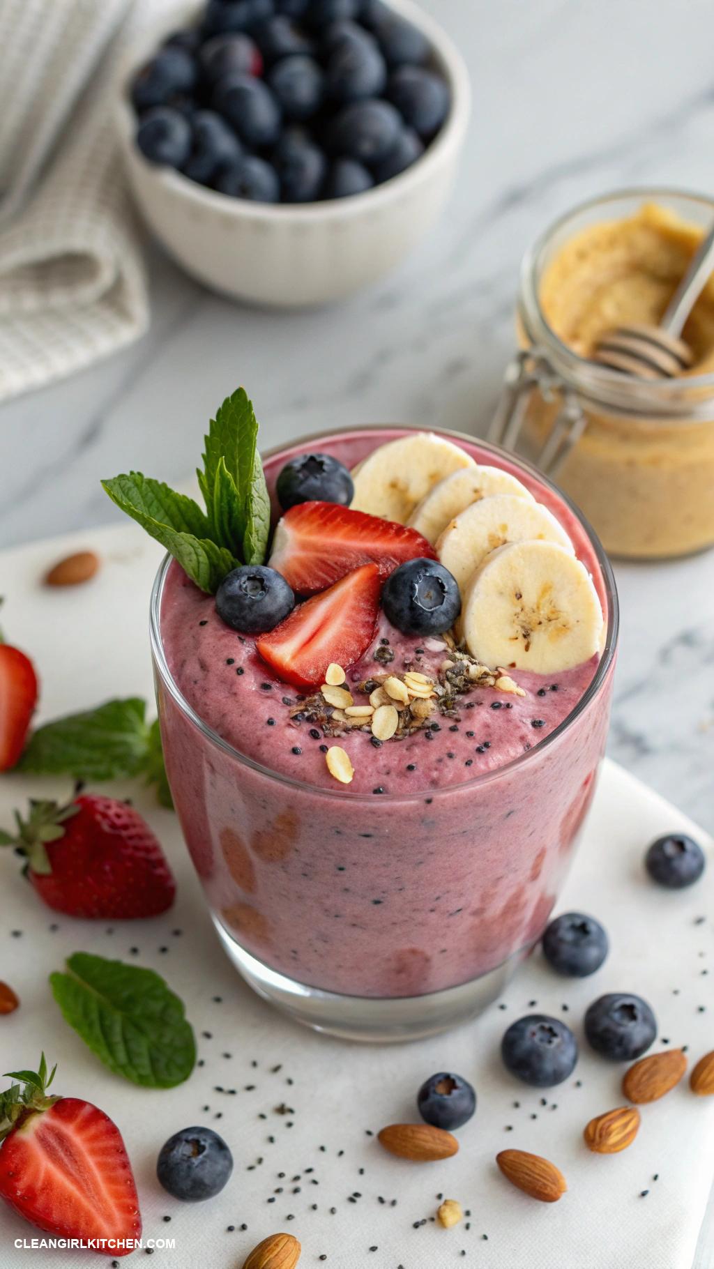 berry smoothie recipes Nut Butter Berry Smoothie Mix almond or peanut butter with strawberries blueberries banana and almond milk for protein packed goodness