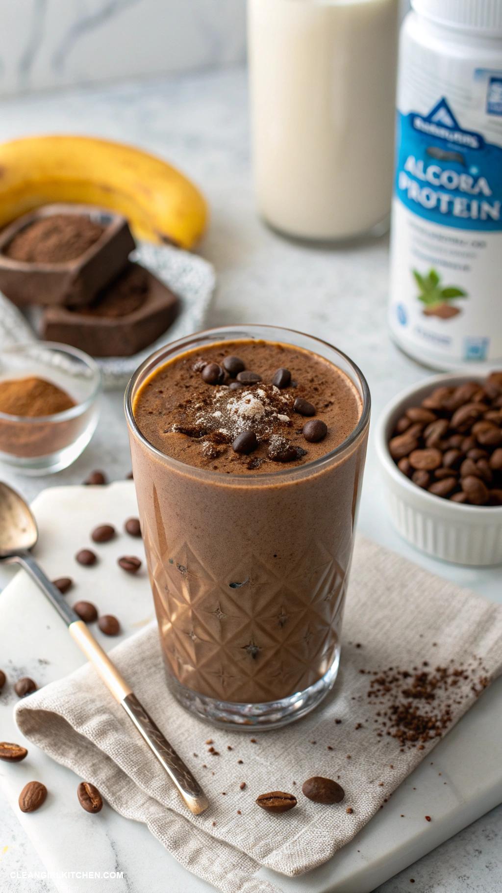 coffee smoothie recipes Mocha Protein Smoothie Blend 1 cup brewed coffee 1 scoop chocolate protein powder 12 cup almond milk and ice