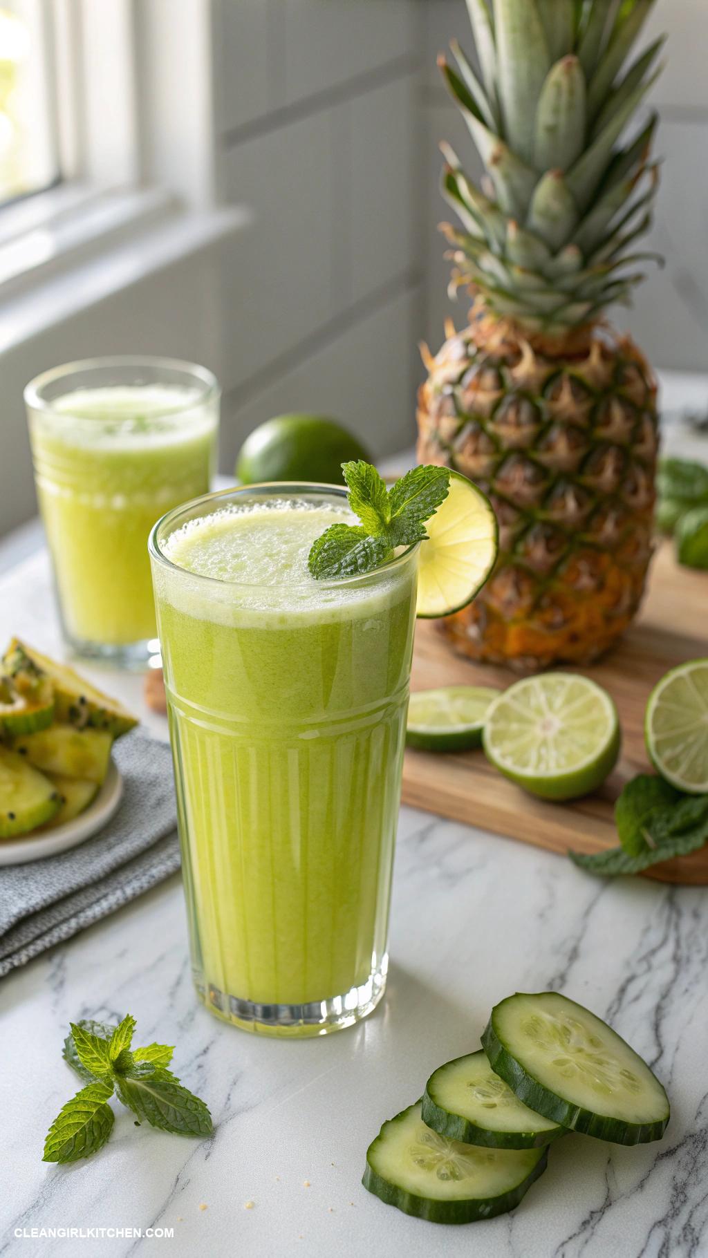detox juice recipes Pineapple Cucumber Detox Juice Blend pineapple cucumber mint and lime for a tropical refreshment