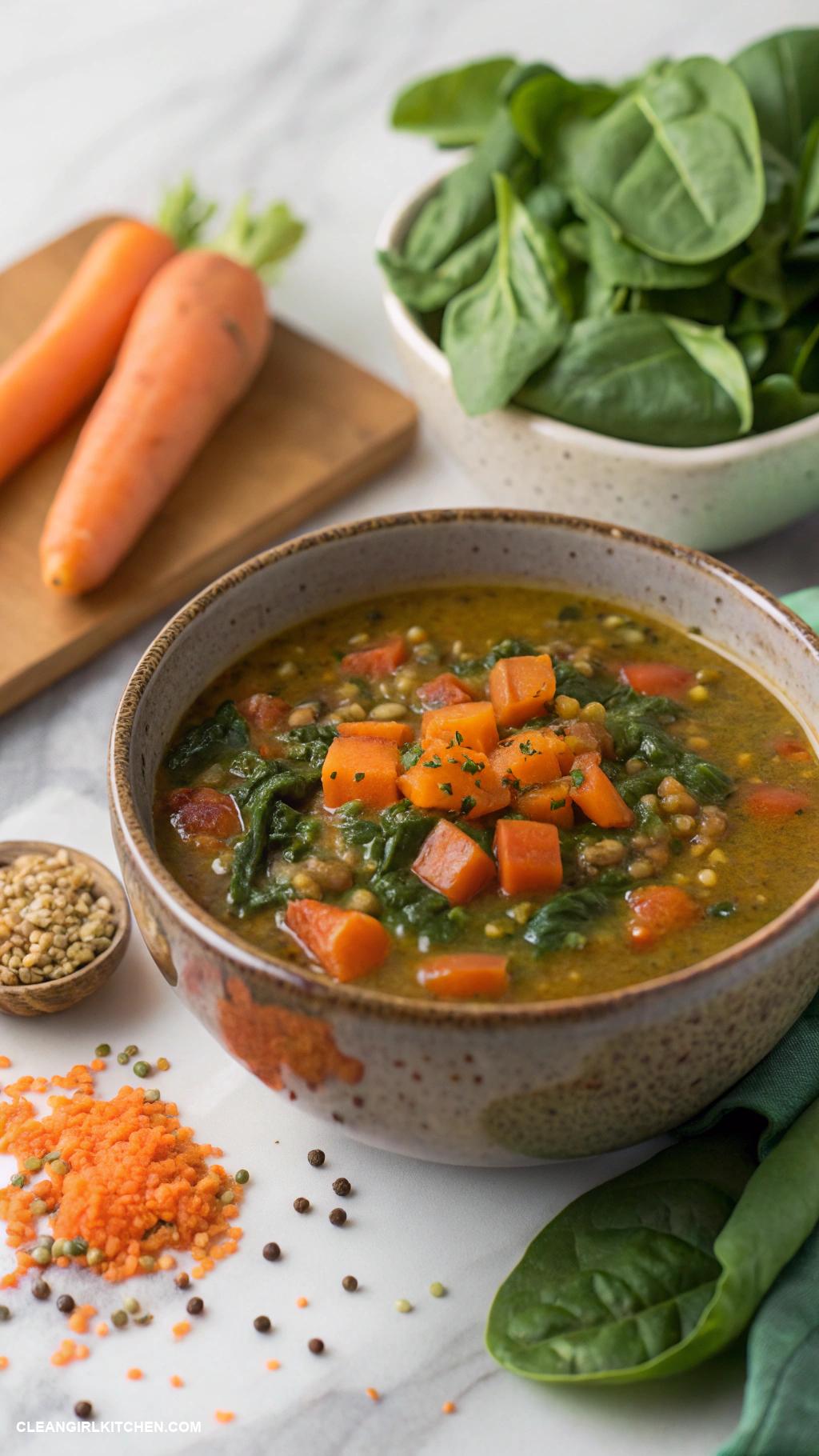 easy weeknight dinners Lentil Soup with Spinach and Carrots