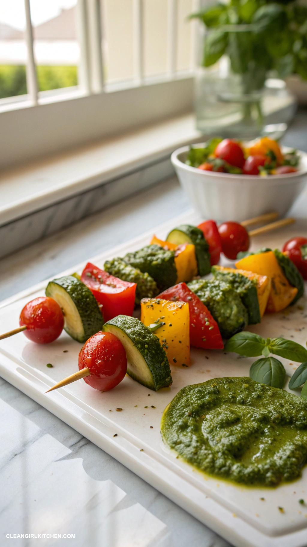 healthy bell pepper recipes Vegetable and Bell Pepper Skewers with Pesto