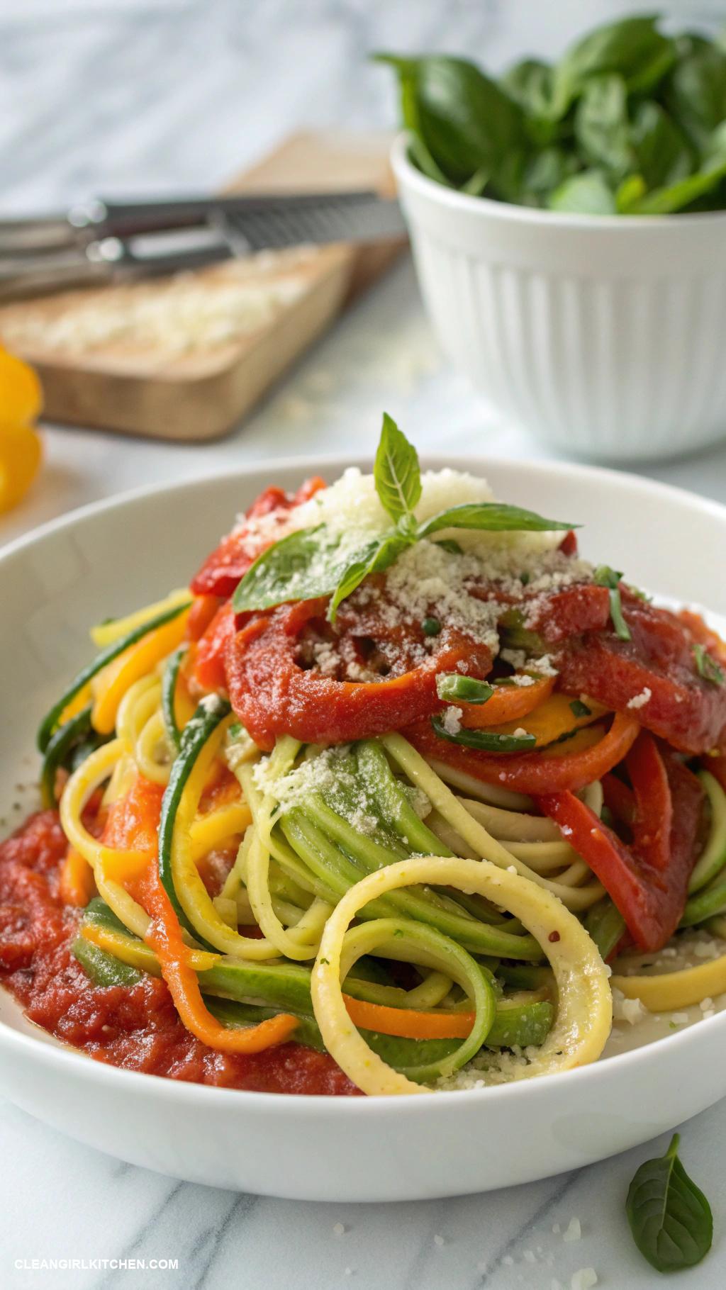 healthy bell pepper recipes Zucchini and Bell Pepper Noodles with Marinara Sauce