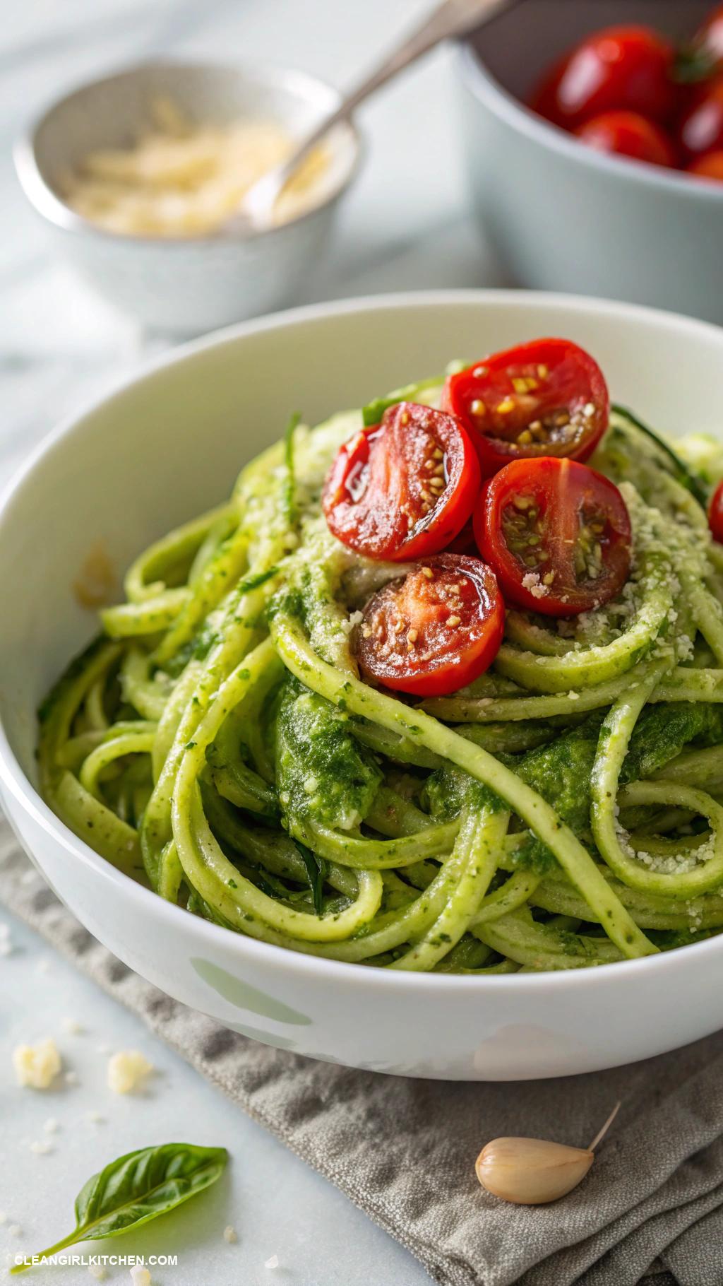 healthy zucchini recipes Zucchini Noodles with Pesto and Cherry Tomatoes