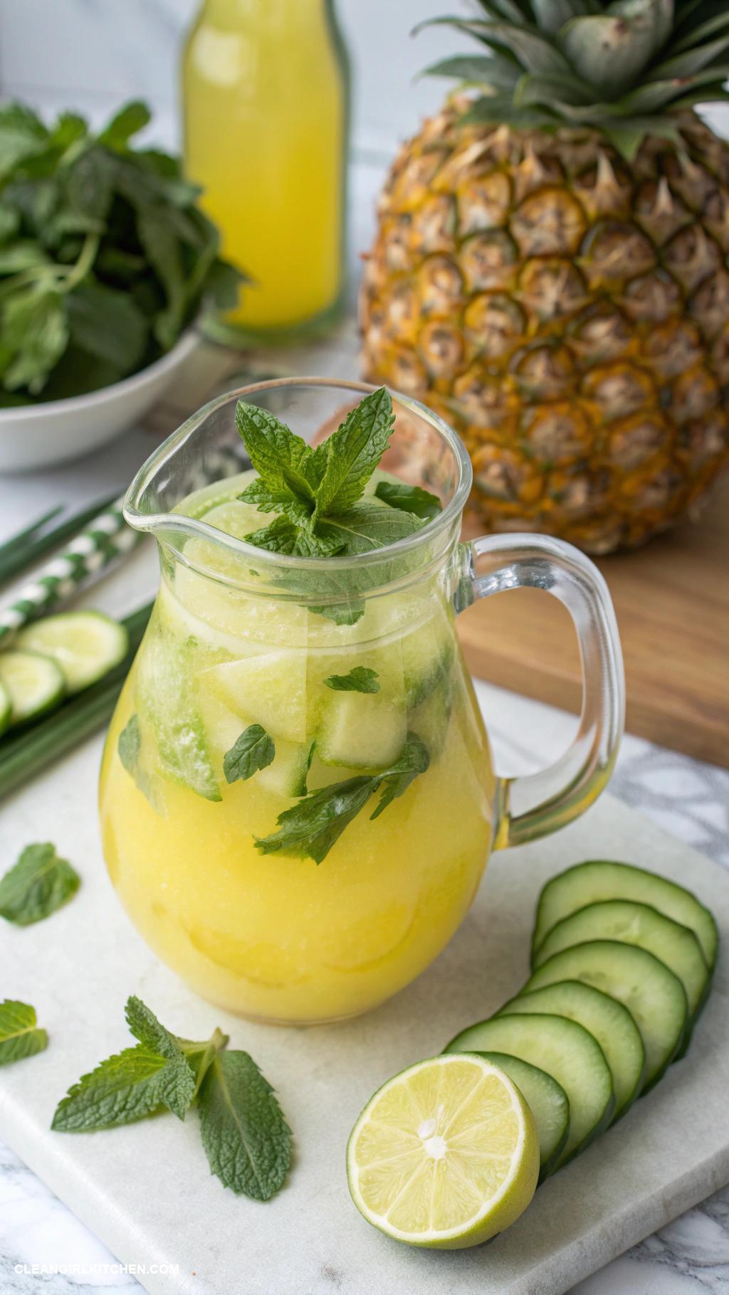 juice cleanse recipes Pineapple Mint Refresher 1 cup pineapple 1 handful of mint 1 cucumber juice of 1 lime