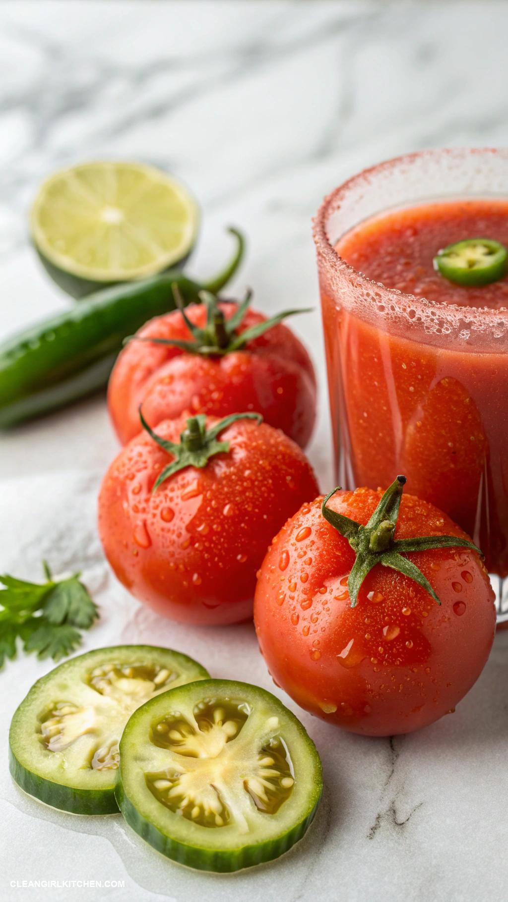 juice cleanse recipes Spicy Tomato Juice 3 tomatoes 1 cucumber 1 jalapeyo juice of 1 lime dash of salt