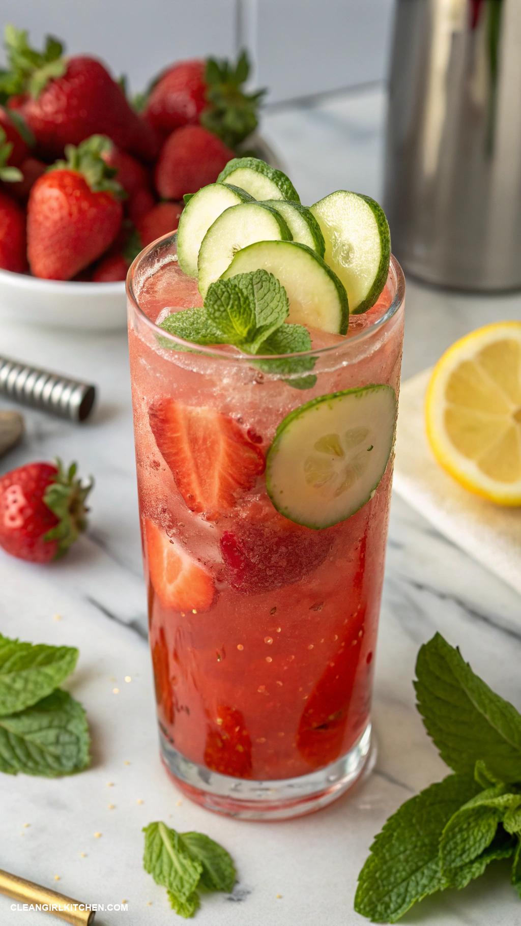 juice cleanse recipes Strawberry Cucumber Juice 1 cup strawberries 1 cucumber juice of 1 lemon mint leaves