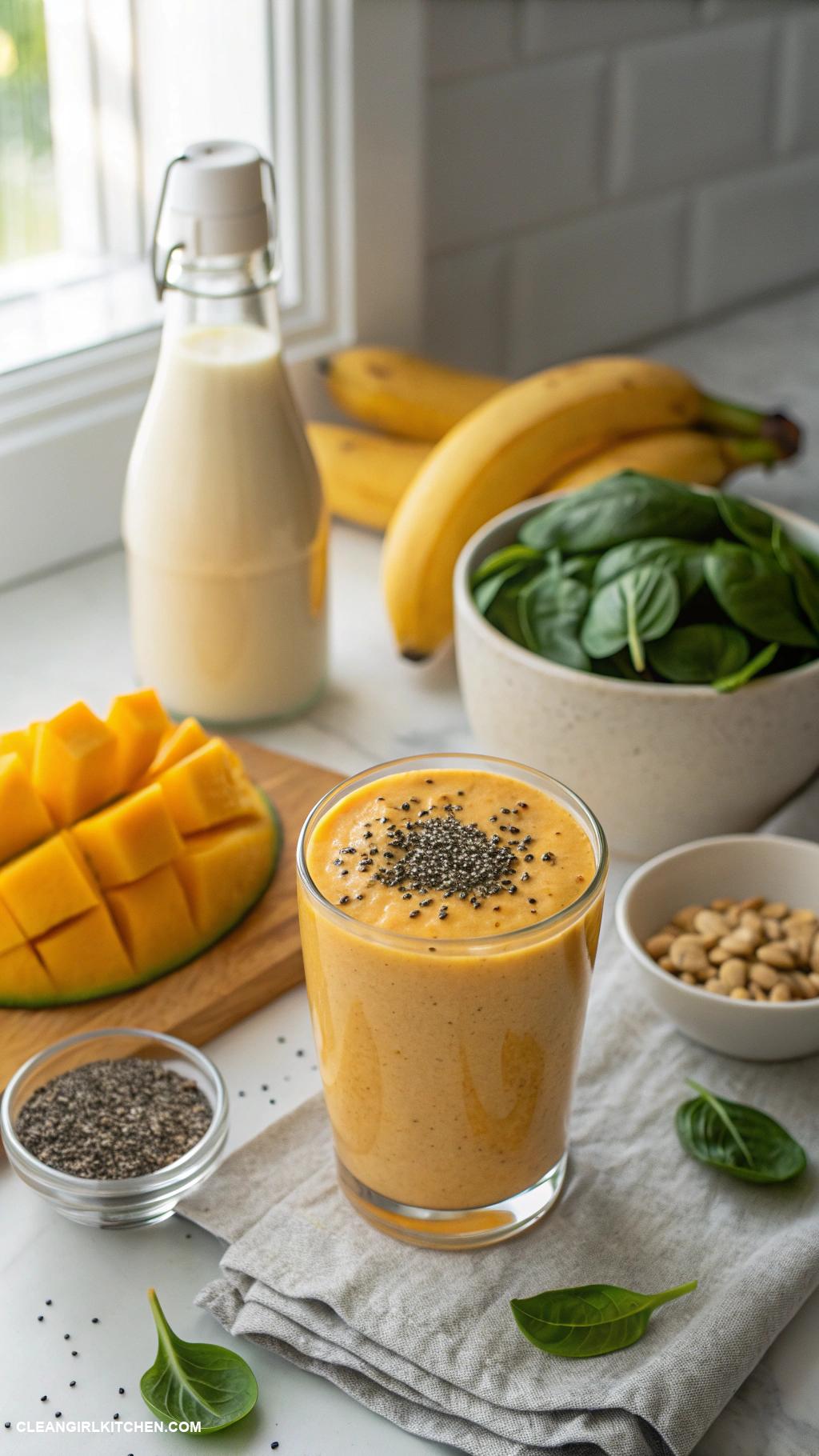 mango smoothie recipes Classic Mango Smoothie Blend 1 ripe mango 1 banana 1 cup of unsweetened almond milk and a handful of spinach for a nutritious breakfast