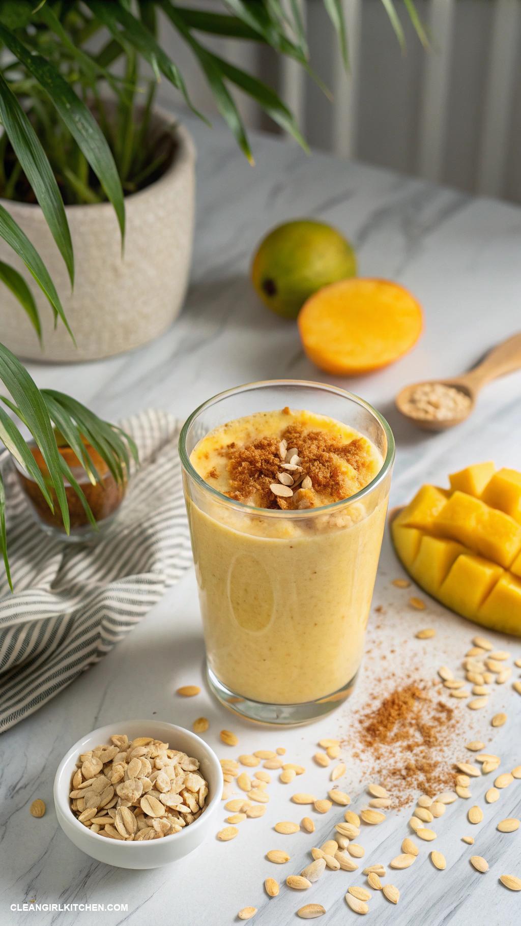 mango smoothie recipes Creamy Mango Oatmeal Smoothie Blend 1 cup of mango 12 cup of rolled oats 1 cup of almond milk and a pinch of cinnamon