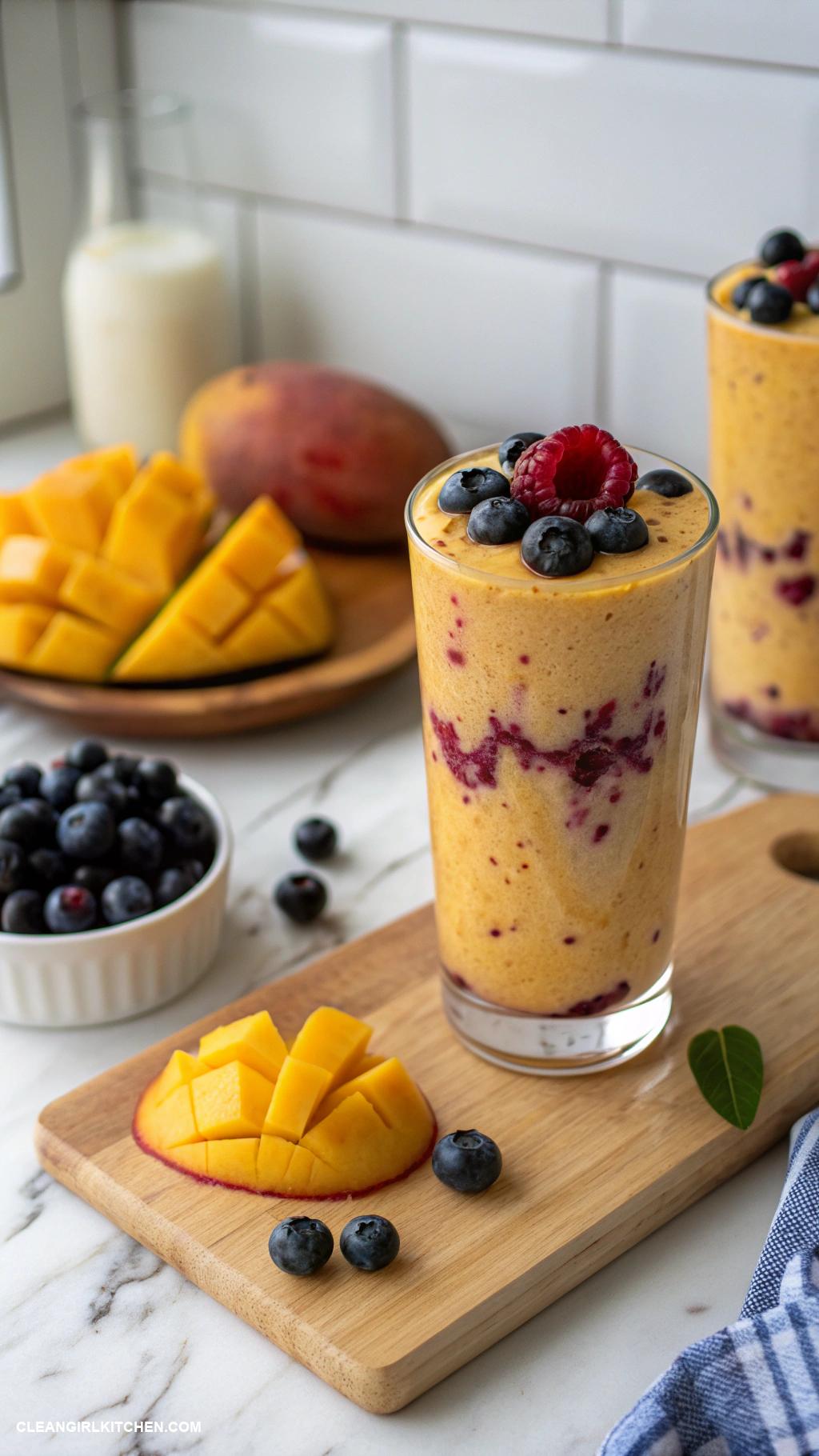 mango smoothie recipes Mango Berry Blast Mix 1 cup of mango chunks 12 cup of frozen mixed berries 1 cup of Greek yogurt and 1 tablespoon of honey