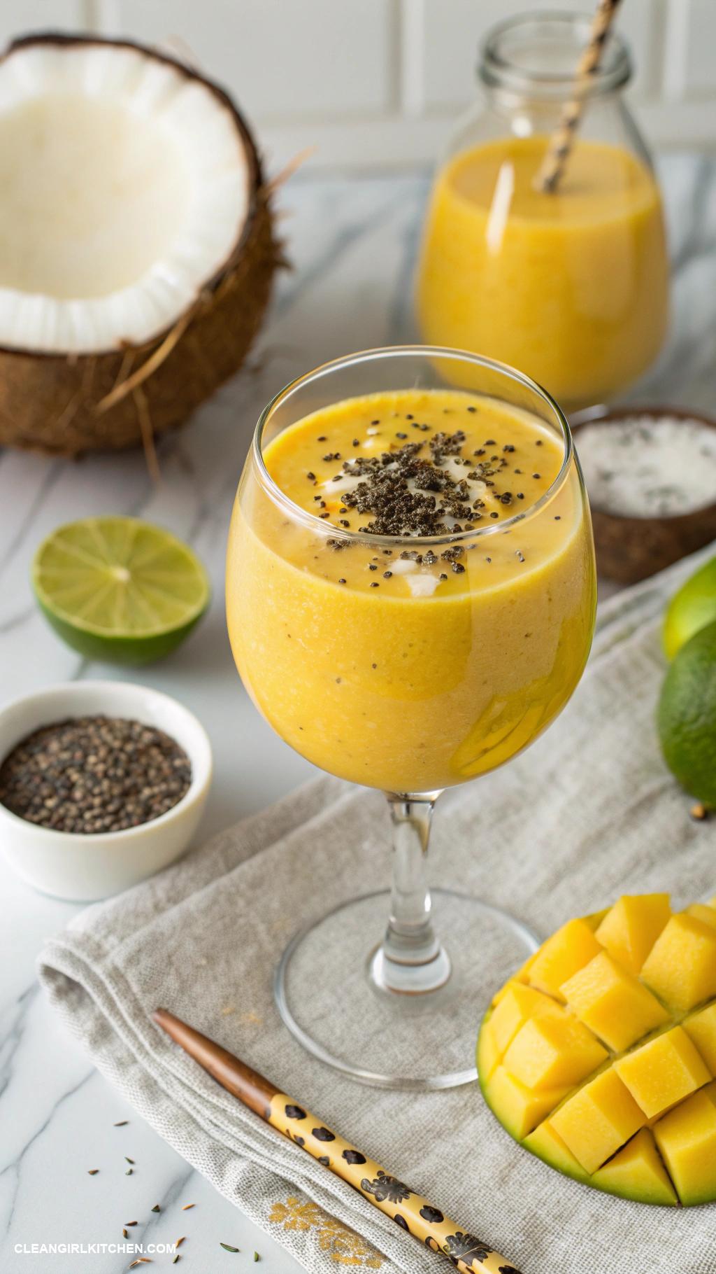 mango smoothie recipes Mango Coconut Smoothie Blend 1 cup of mango 1 cup of coconut milk 1 tablespoon of chia seeds and a splash of lime juice
