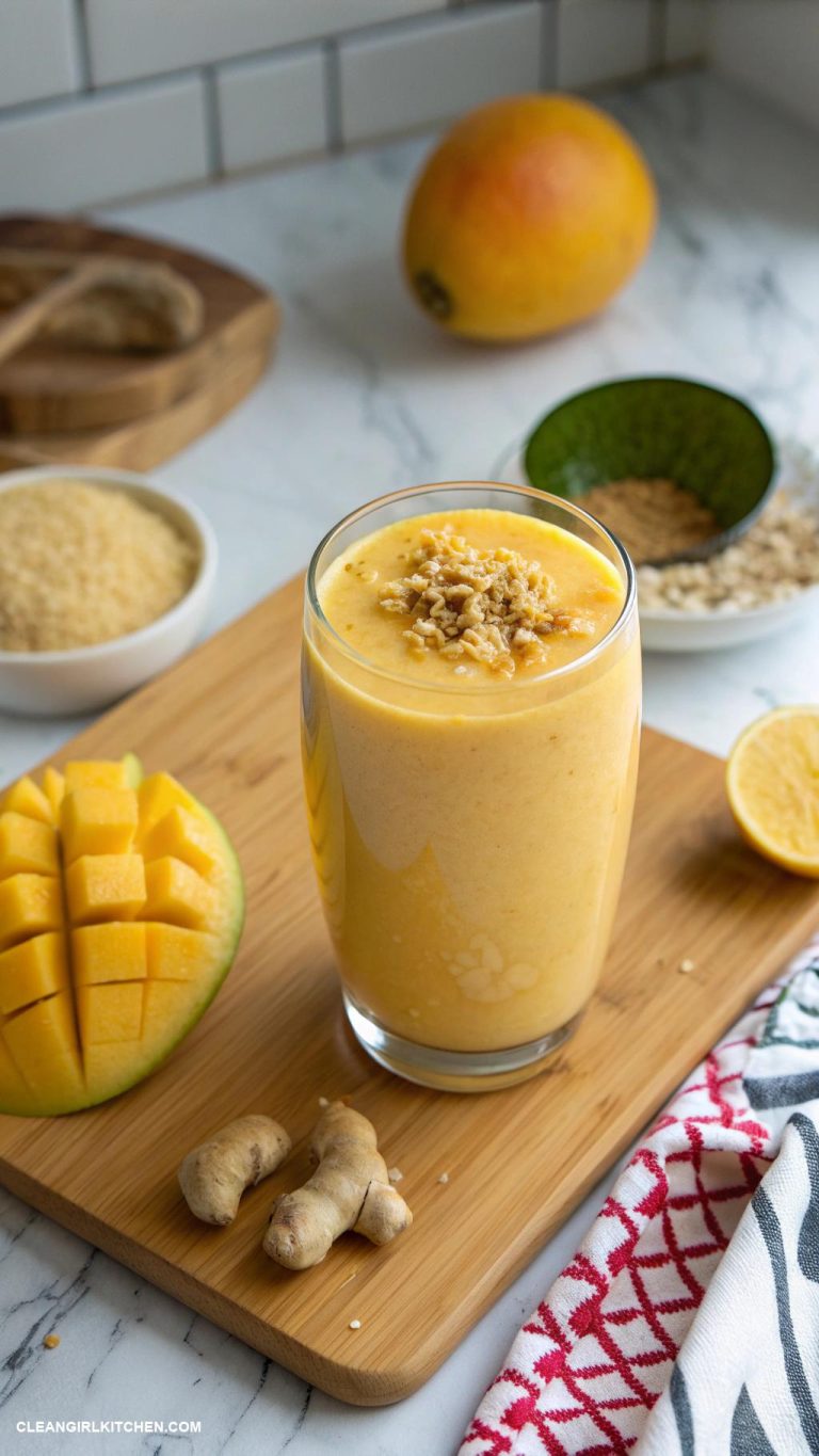 mango smoothie recipes Mango Ginger Smoothie Combine 1 cup of mango 1 tablespoon of freshly grated ginger 1 cup of almond milk and a squeeze of lemon juice