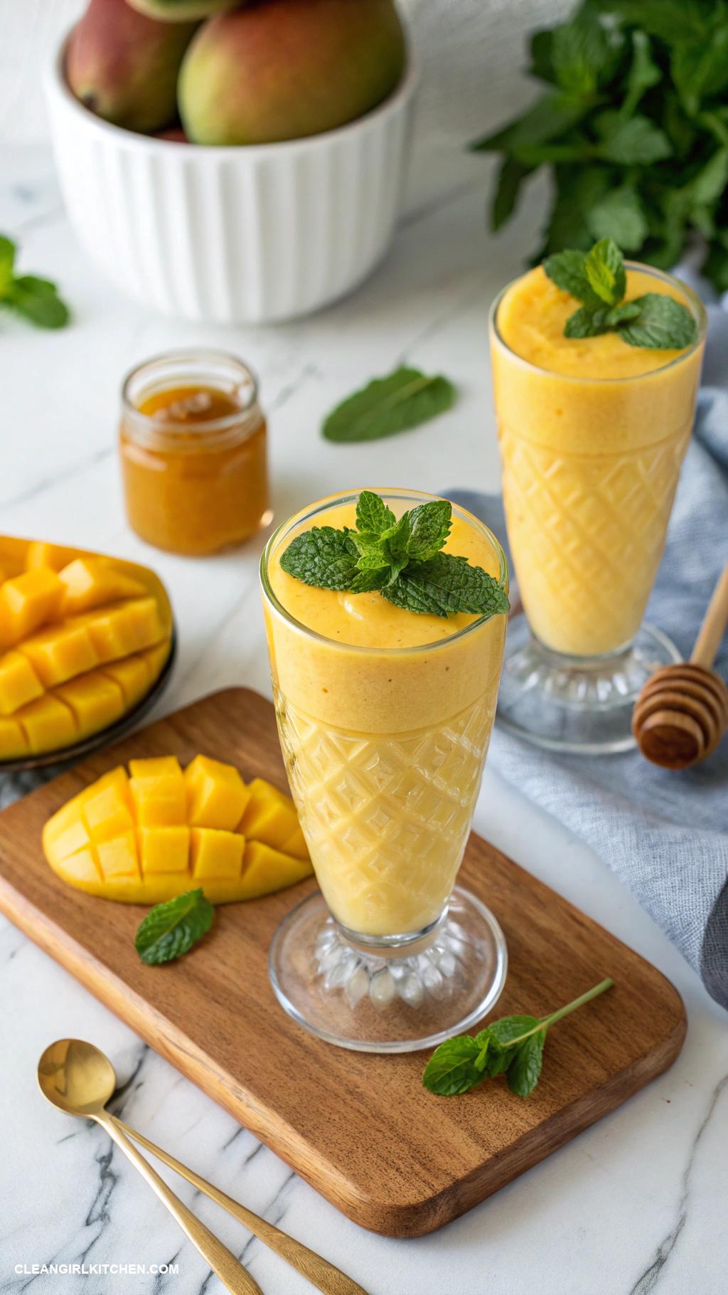 mango smoothie recipes Mango Mint Yogurt Smoothie Mix 1 cup of diced mango 12 cup of plain yogurt a handful of fresh mint and honey to taste
