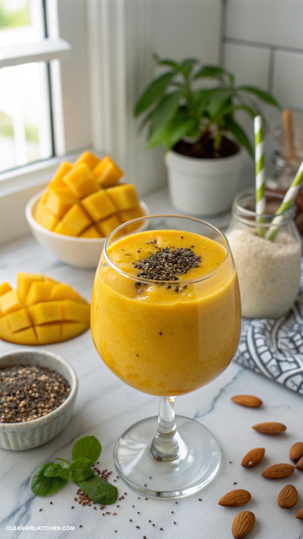 mango smoothie recipes Mango Protein Smoothie Blend 1 cup of mango 1 scoop of vanilla protein powder 1 cup of almond milk and 1 tablespoon of nut butter