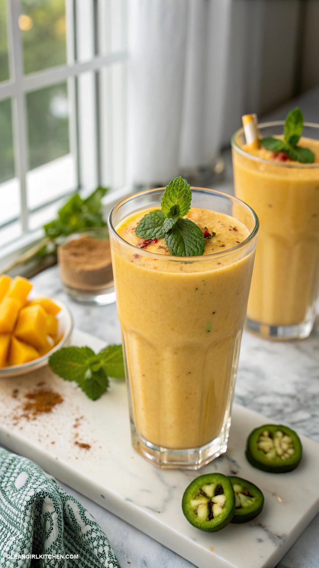 mango smoothie recipes Spicy Mango Smoothie Combine 1 cup of mango 12 jalapeyo seeds removed 1 cup of coconut water and mint leaves for a spicy kick