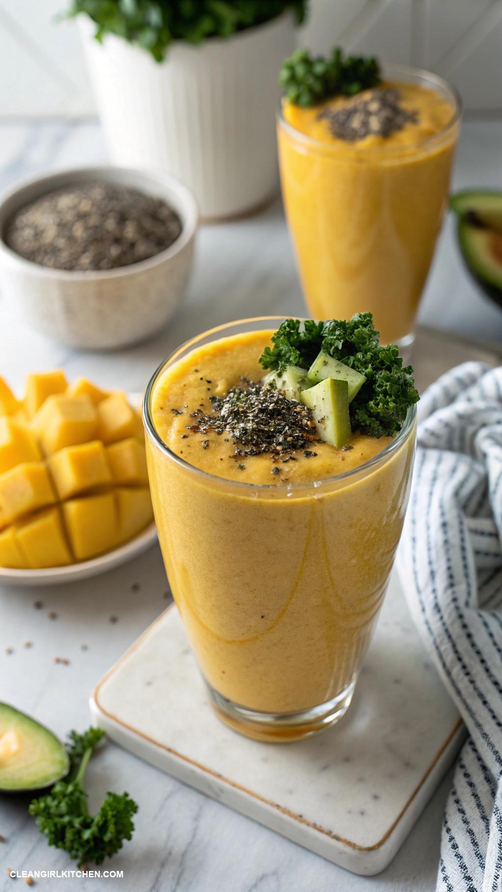mango smoothie recipes Tropical Green Mango Smoothie Combine 1 cup of diced mango 12 cup of kale 12 avocado 1 cup of coconut water and ice for a refreshing drink