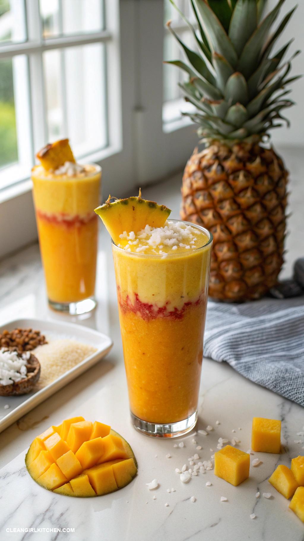 mango smoothie recipes Tropical Mango Pineapple Smoothie Blend 1 cup of mango 12 cup of pineapple 1 cup of coconut milk and a splash of orange juice