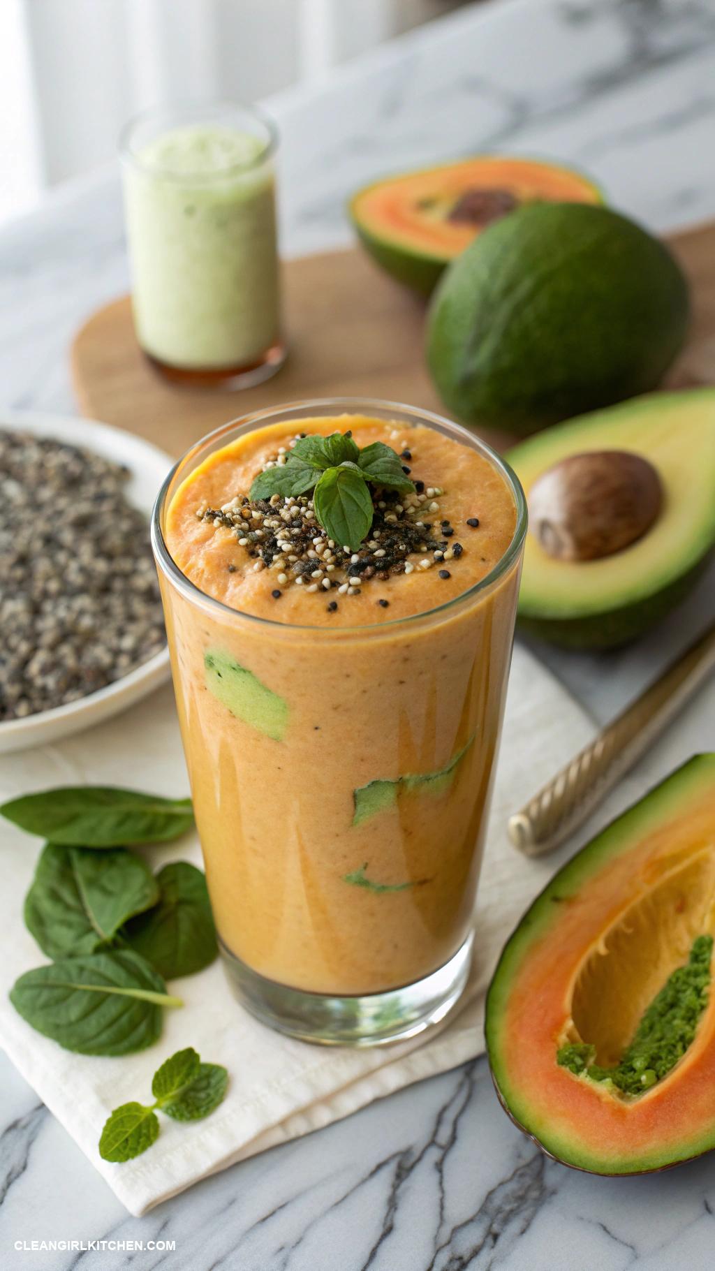 papaya smoothie recipes Avocado Papaya Cream Combine papaya avocado spinach and coconut milk for a nutrient packed creamy smoothie
