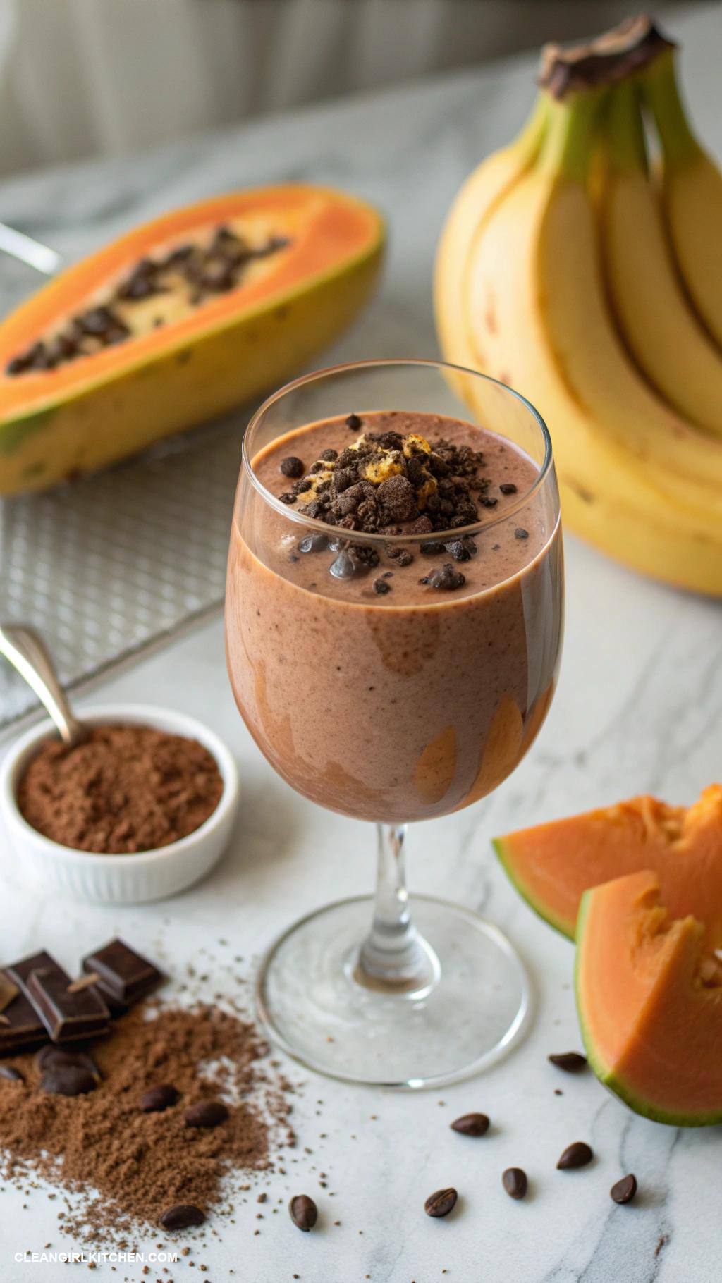 papaya smoothie recipes Chocolate Papaya Smoothie Blend papaya with cacao powder banana and almond milk for a rich chocolate flavor