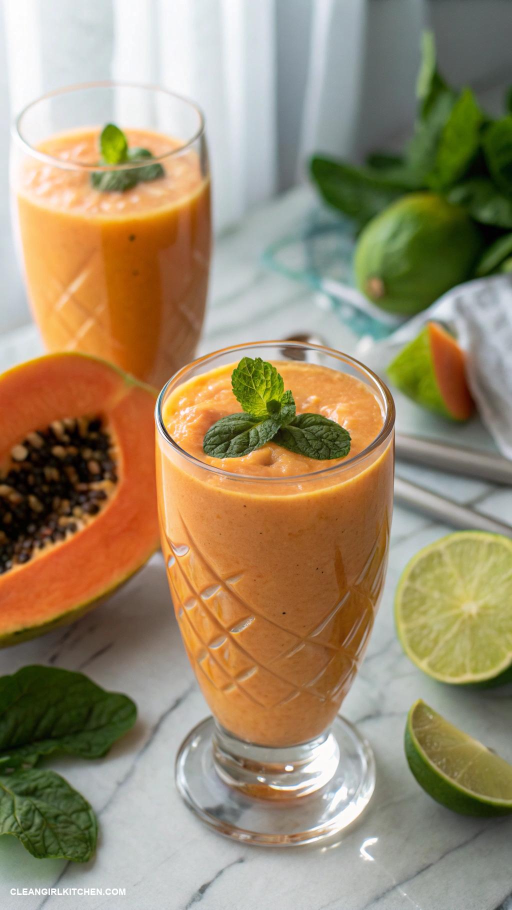 papaya smoothie recipes Classic Papaya Smoothie Blend ripe papaya with coconut water a squeeze of lime and a handful of spinach for a refreshing drink