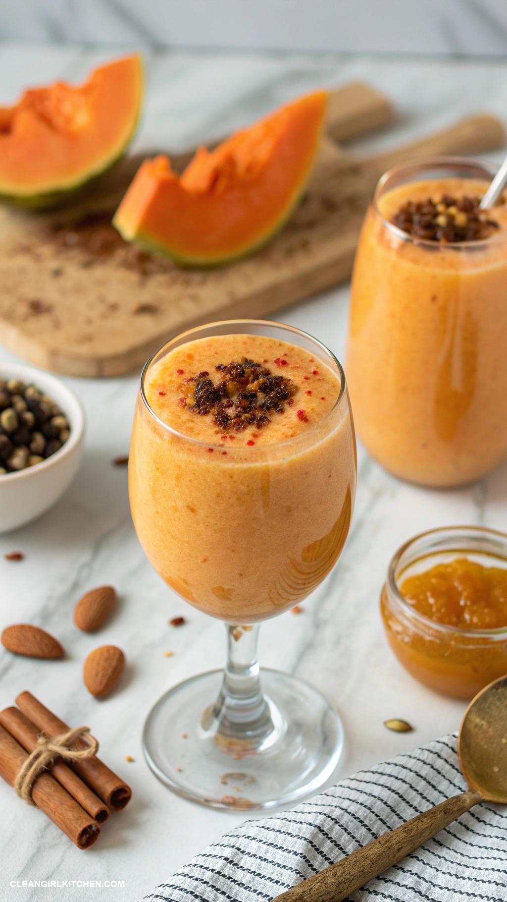 papaya smoothie recipes Spiced Papaya Smoothie Blend papaya with cinnamon ginger almond milk and a teaspoon of honey for a warm spice flavor