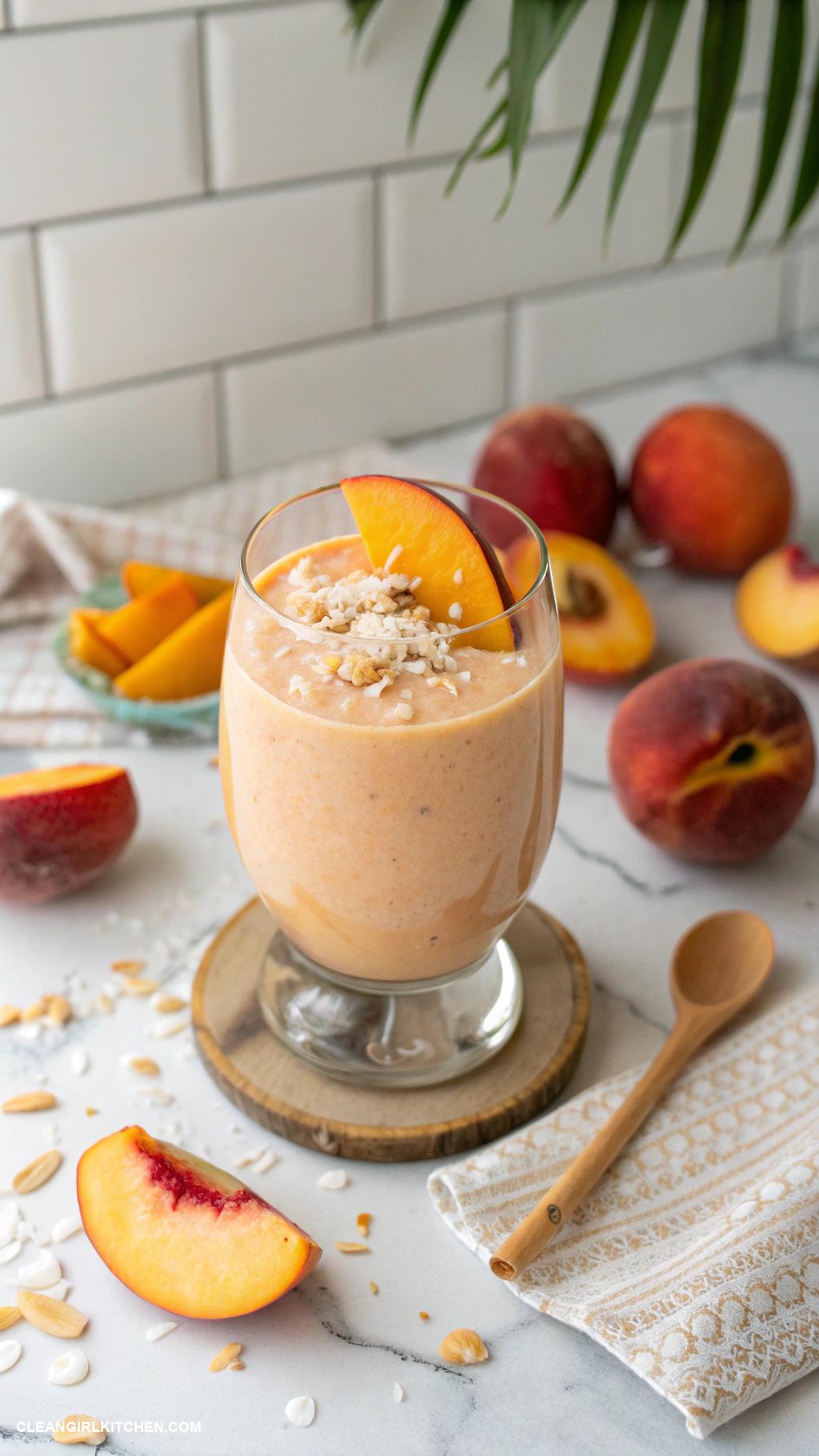 peach smoothie recipes Peach Coconut Smoothie Mix together frozen peaches coconut milk and shredded coconut for a tropical twist
