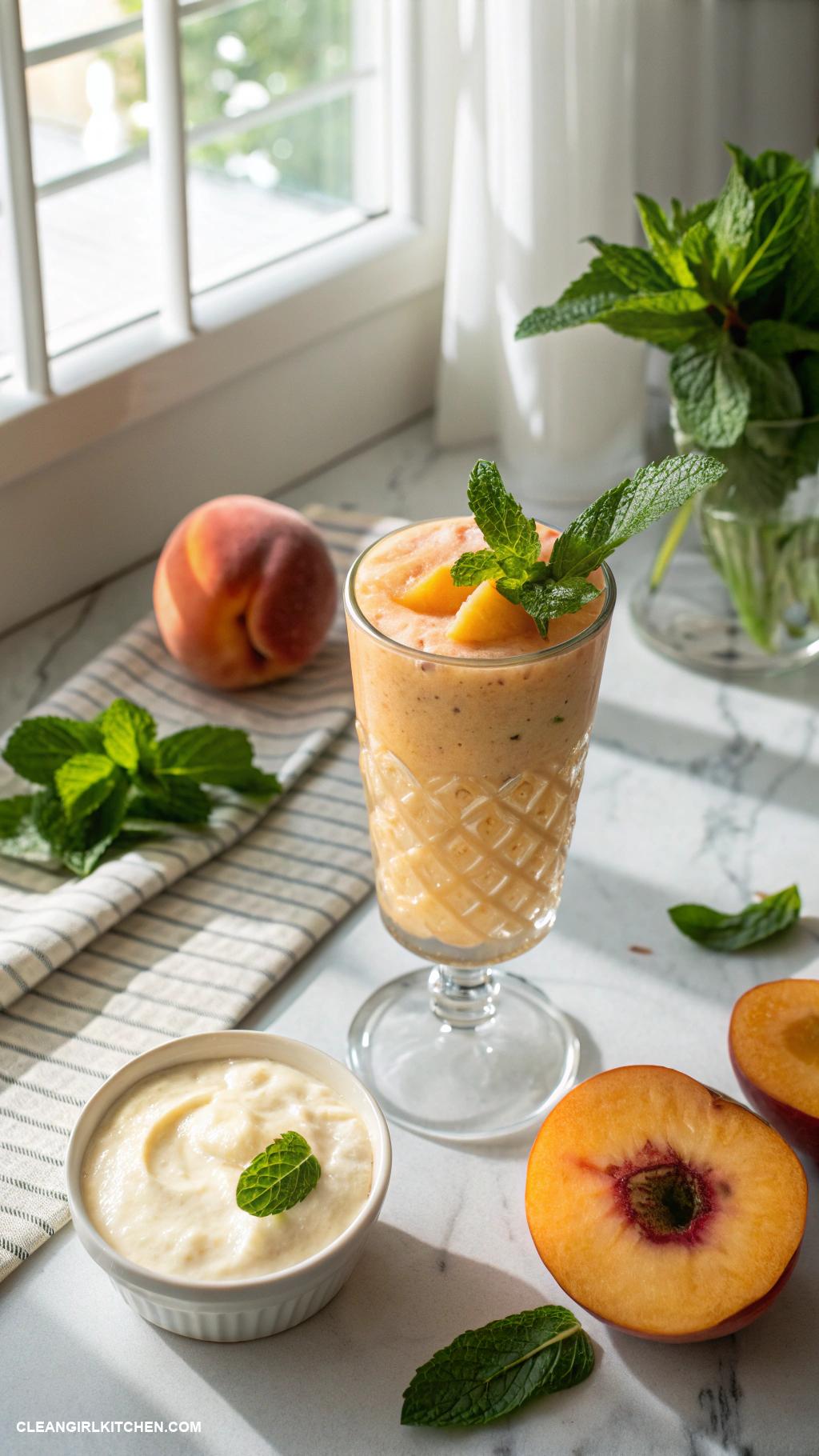 peach smoothie recipes Peach Mint Smoothie Mix fresh peaches with mint leaves yogurt and ice for a refreshing summer drink