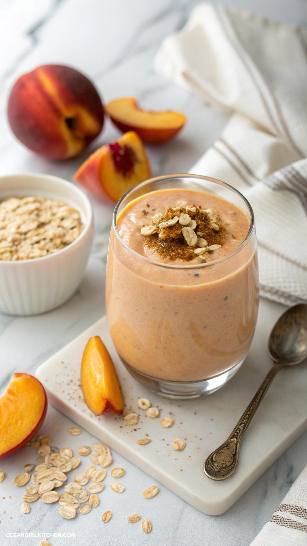 peach smoothie recipes Peach Oatmeal Smoothie Blend peaches rolled oats almond milk and a dash of cinnamon for a filling breakfast option