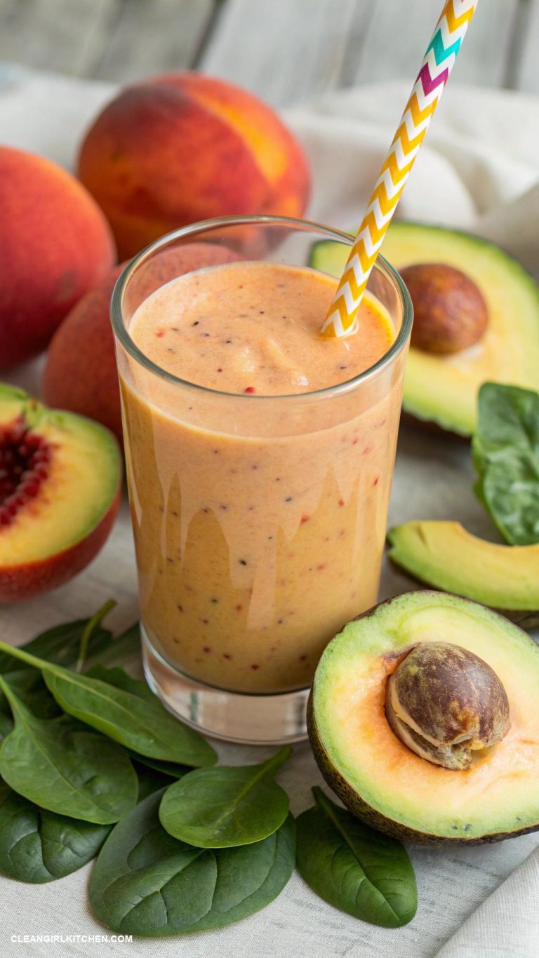 peach smoothie recipes Peach and Avocado Smoothie Blend ripe peaches with avocado spinach and coconut water for a creamy nutrient dense smoothie