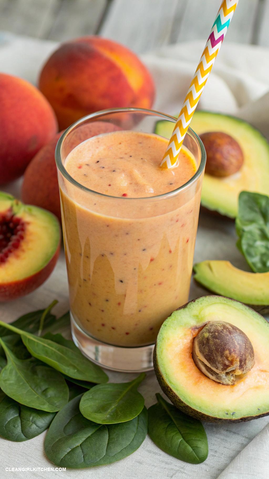 peach smoothie recipes Peach and Avocado Smoothie Blend ripe peaches with avocado spinach and coconut water for a creamy nutrient dense smoothie