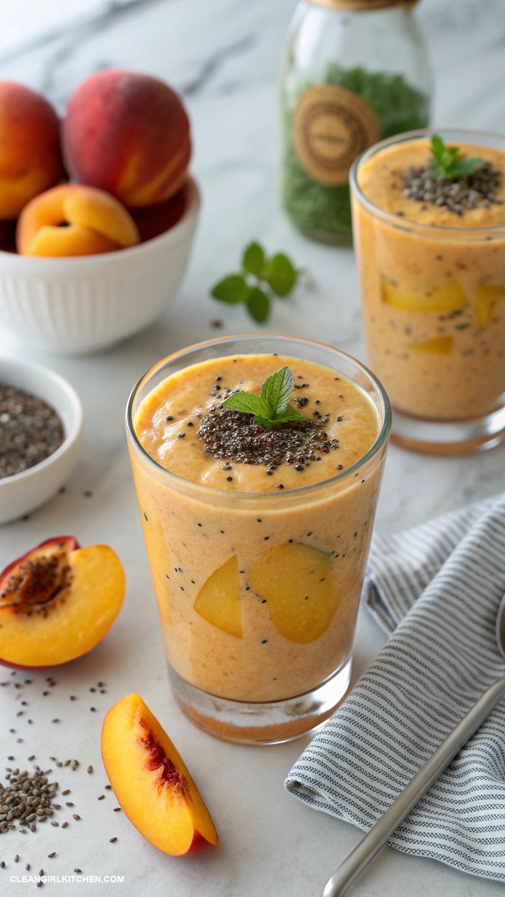 peach smoothie recipes Peach and Chia Seed Smoothie Combine peaches almond milk chia seeds and a drizzle of agave for healthy fats and fiber