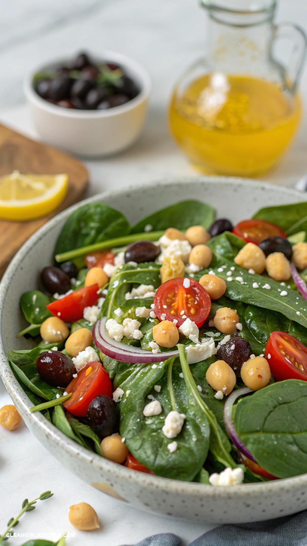 spinach salad recipes Mediterranean Spinach Salad with Chickpeas and Olives
