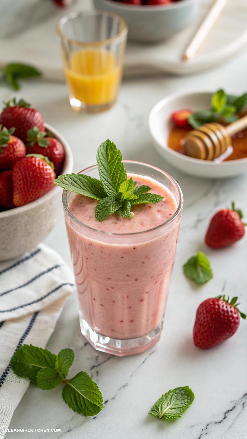 strawberry smoothie recipes Minted Strawberry Smoothie Blend fresh strawberries a handful of mint leaves yogurt and honey for a refreshing smoothie