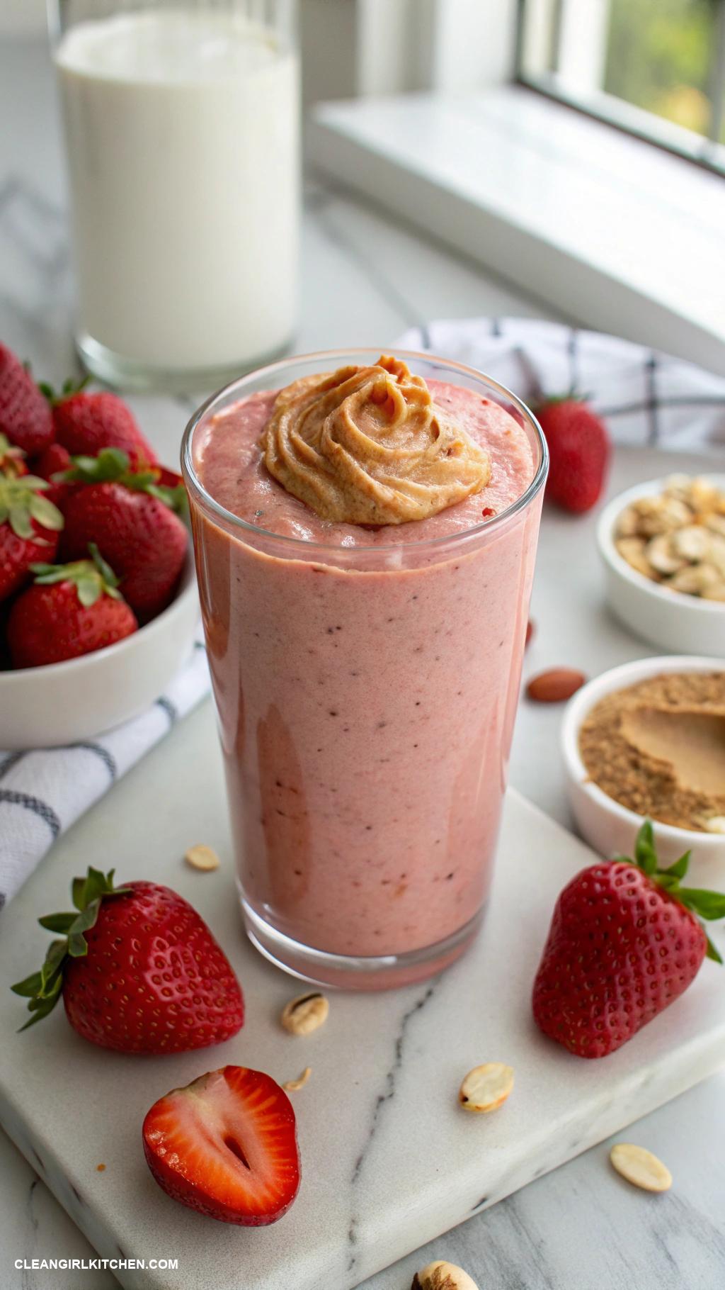 strawberry smoothie recipes Strawberry Almond Butter Smoothie Blend strawberries with almond butter Greek yogurt and almond milk for a protein packed treat