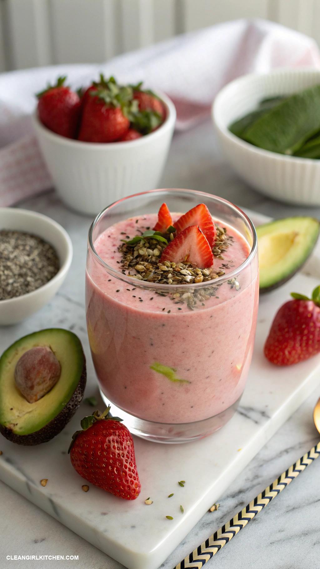 strawberry smoothie recipes Strawberry Avocado Smoothie Combine strawberries half a ripe avocado almond milk and a few drops of vanilla extract for creamy richness