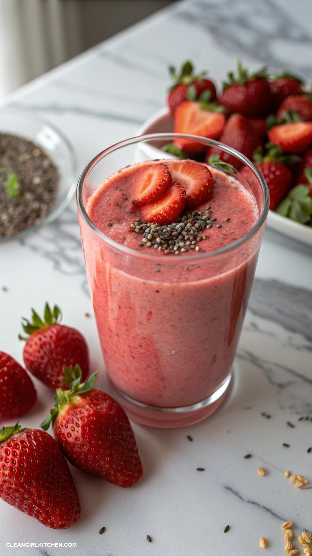 strawberry smoothie recipes Strawberry Chia Seed Smoothie Blend strawberries with almond milk and chia seeds for added fiber and omega 3 fatty acids
