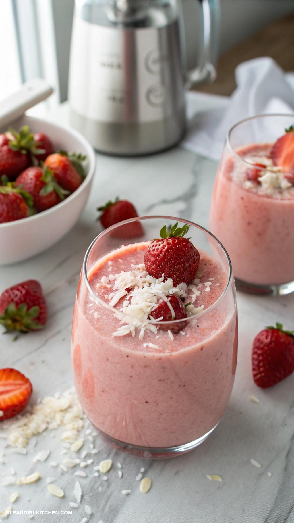 strawberry smoothie recipes Strawberry Coconut Smoothie Blend strawberries with coconut milk a scoop of vanilla protein powder and ice for a tropical flavor