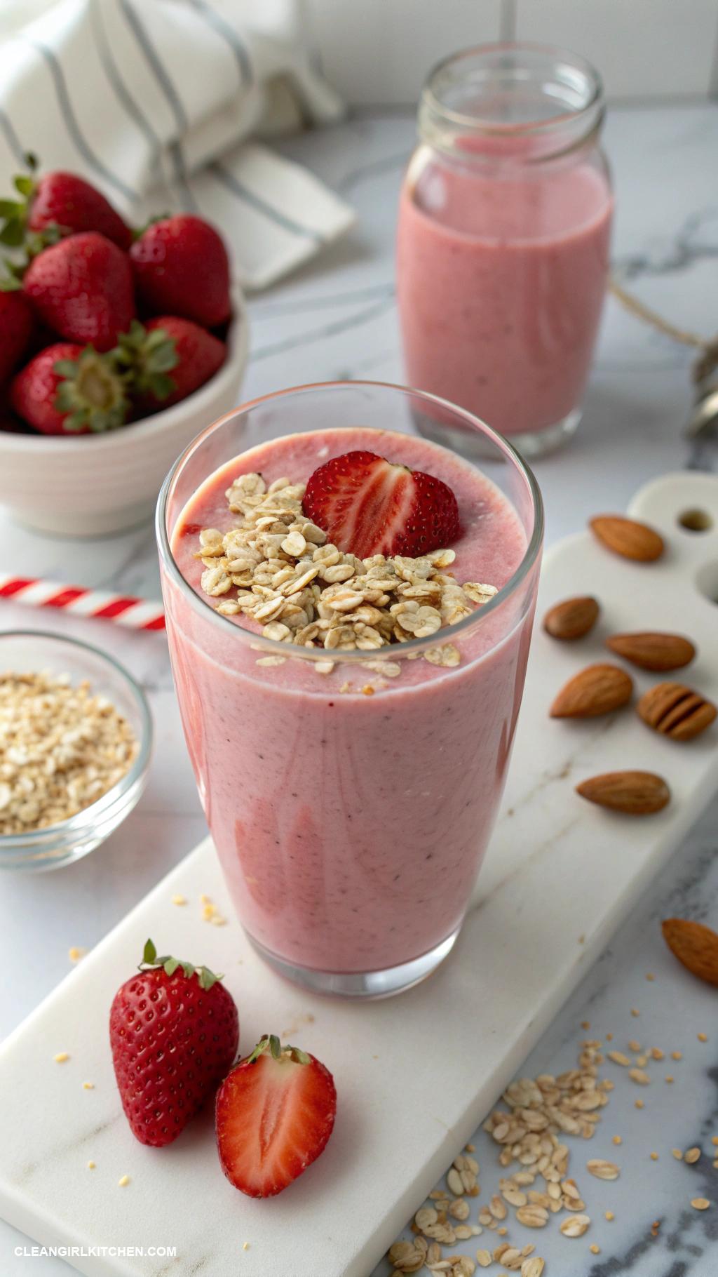 strawberry smoothie recipes Strawberry Oat Smoothie Blend strawberries with rolled oats almond milk and a tablespoon of almond butter for a filling breakfast option