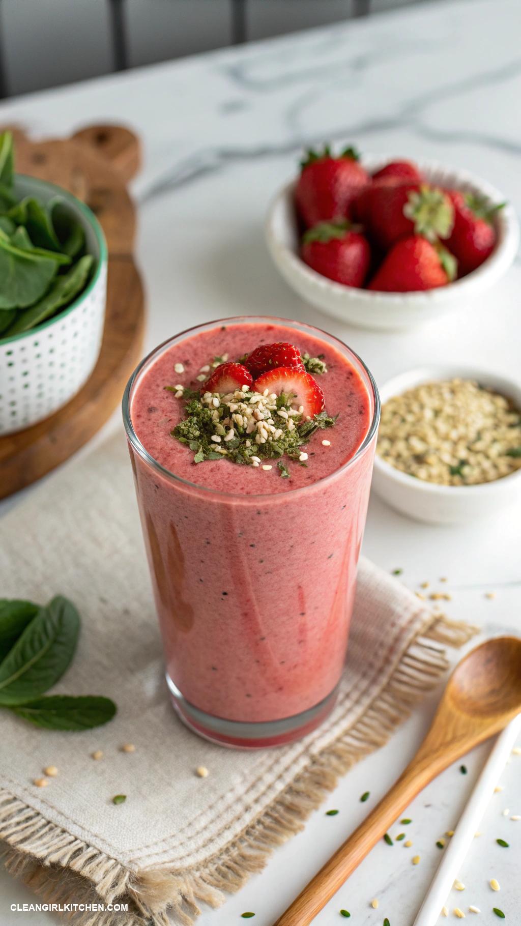 strawberry smoothie recipes Strawberry Spinach Green Smoothie Combine fresh strawberries baby spinach Greek yogurt and coconut water for a refreshing green twist