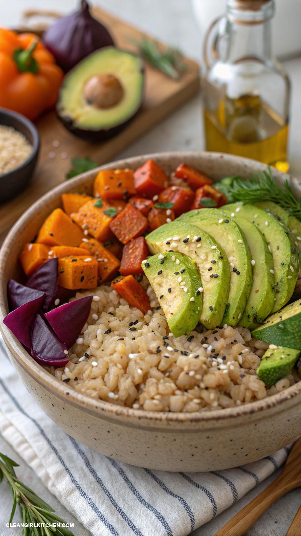 vegan buddha bowls Brown Rice Avocado and Roasted Veggies Bowl