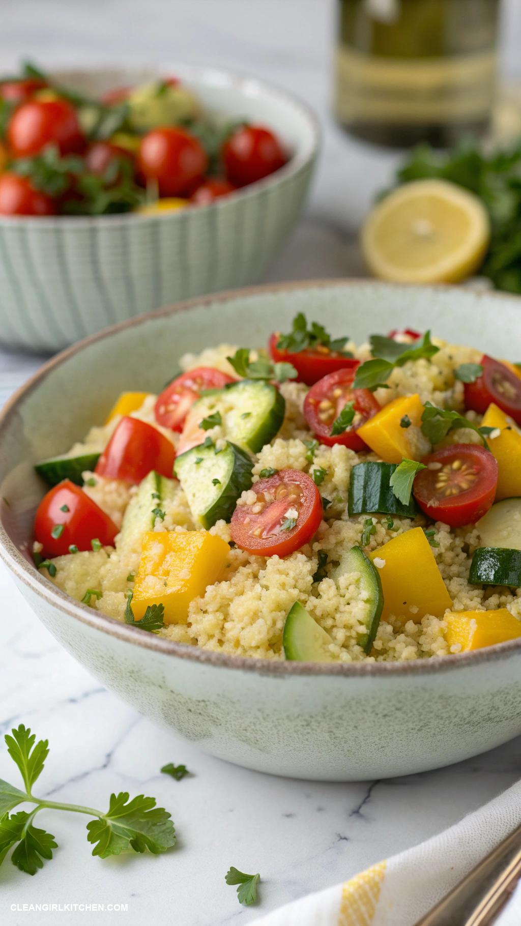 vegan buddha bowls Couscous Cucumber and Tomato Salad Bowl