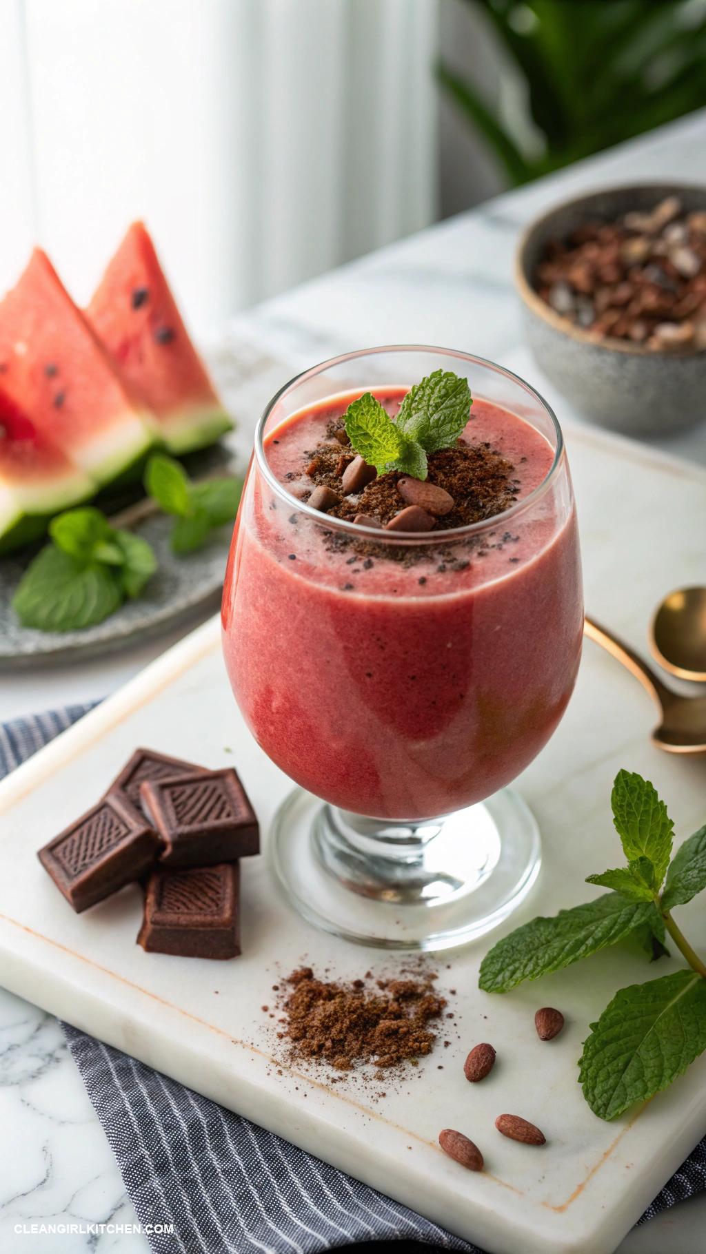 watermelon smoothie recipes Chocolate Watermelon Smoothie Blend watermelon with cacao powder and a little almond butter for a chocolate treat