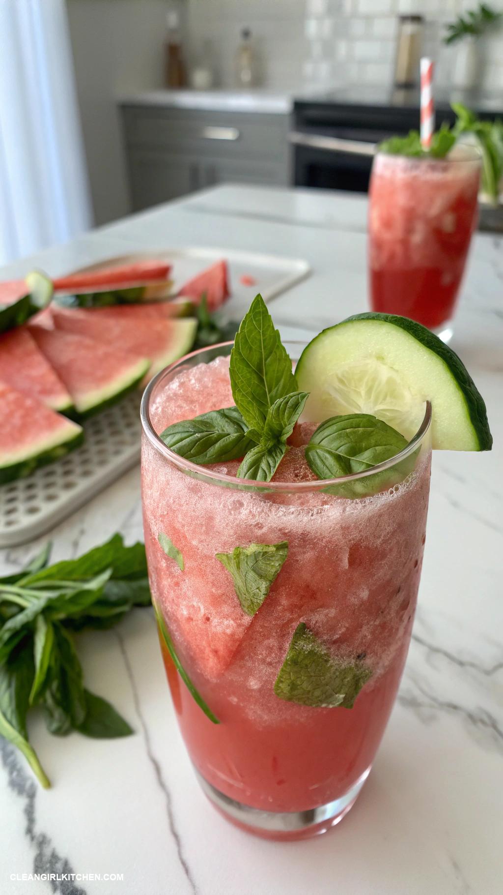 watermelon smoothie recipes Cucumber Watermelon Cooler Blend watermelon cucumber fresh basil and a bit of honey for sweetness