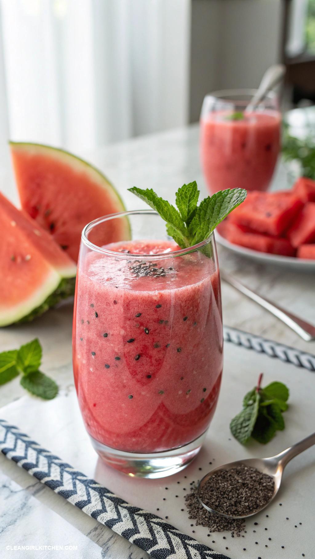 watermelon smoothie recipes Watermelon Chia Smoothie Blend watermelon with chia seeds almond milk and a touch of vanilla extract