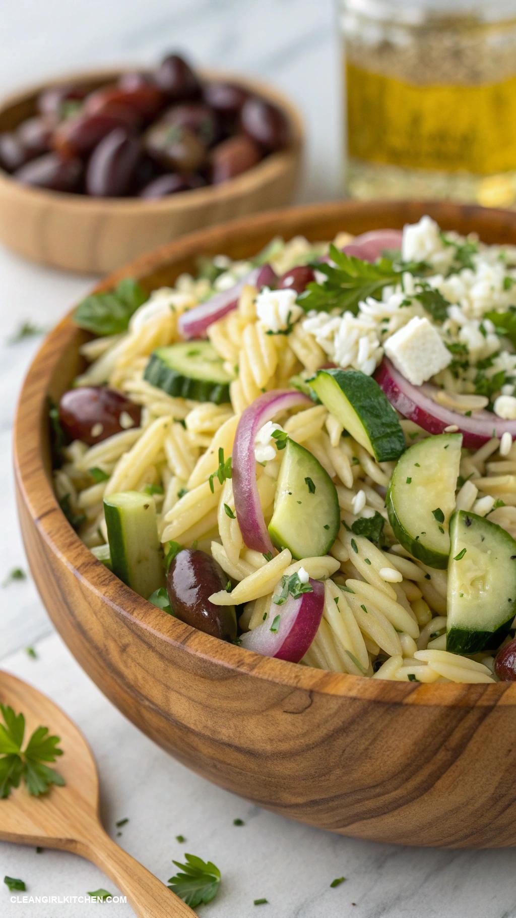 cold pasta salad recipes Greek Orzo Salad with Cucumber Olives and Red Onion