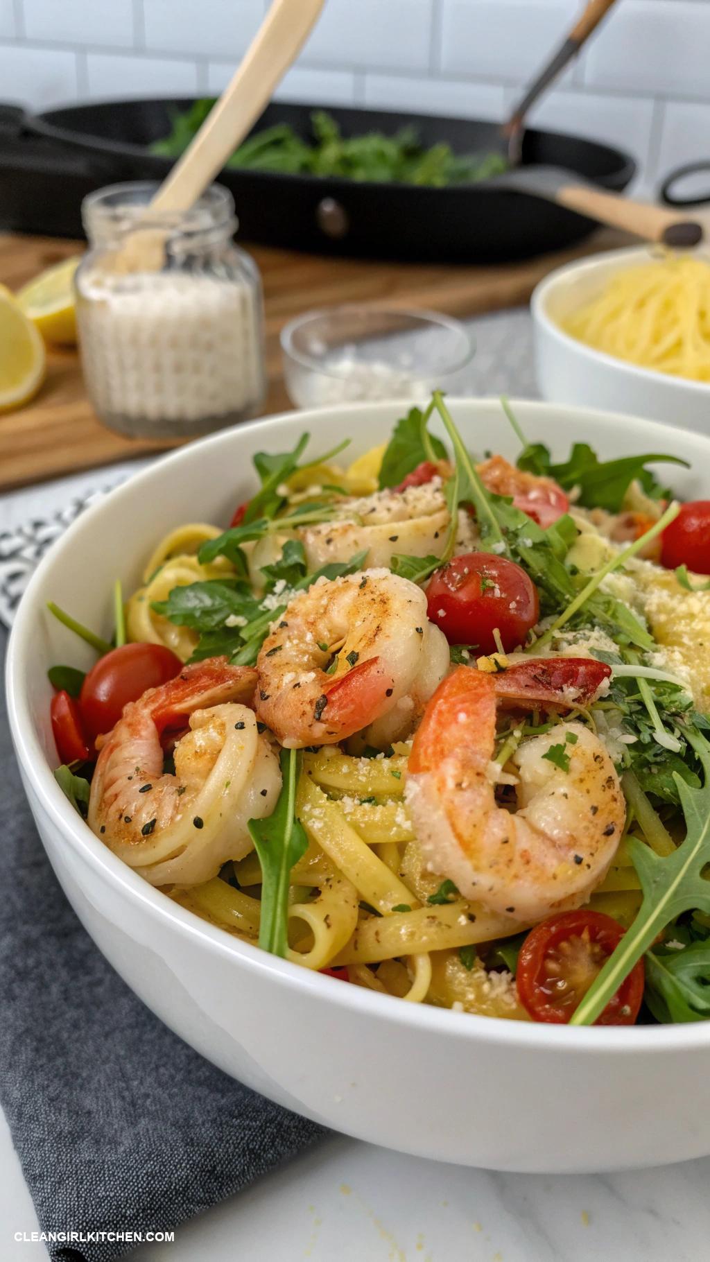 cold pasta salad recipes Lemon Garlic Shrimp Pasta Salad with Arugula and Cherry Tomatoes