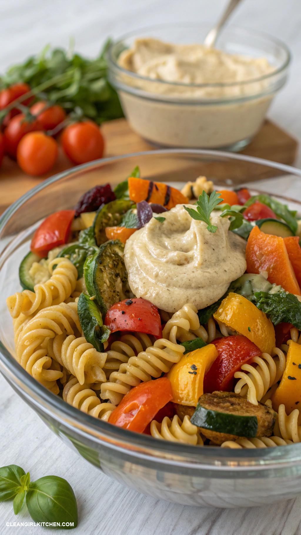 cold pasta salad recipes Whole Wheat Rotini Salad with Roasted Vegetables and Hummus