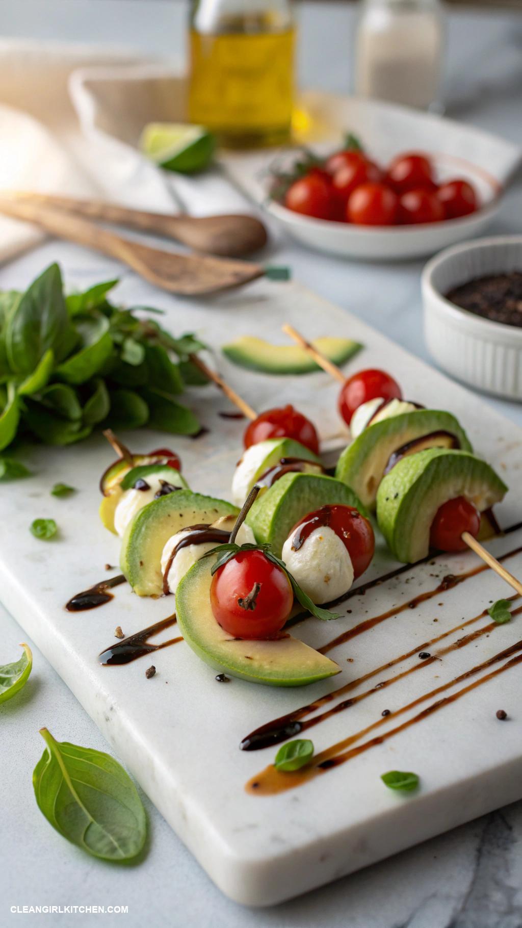 healthy appetizers Avocado Caprese Skewers