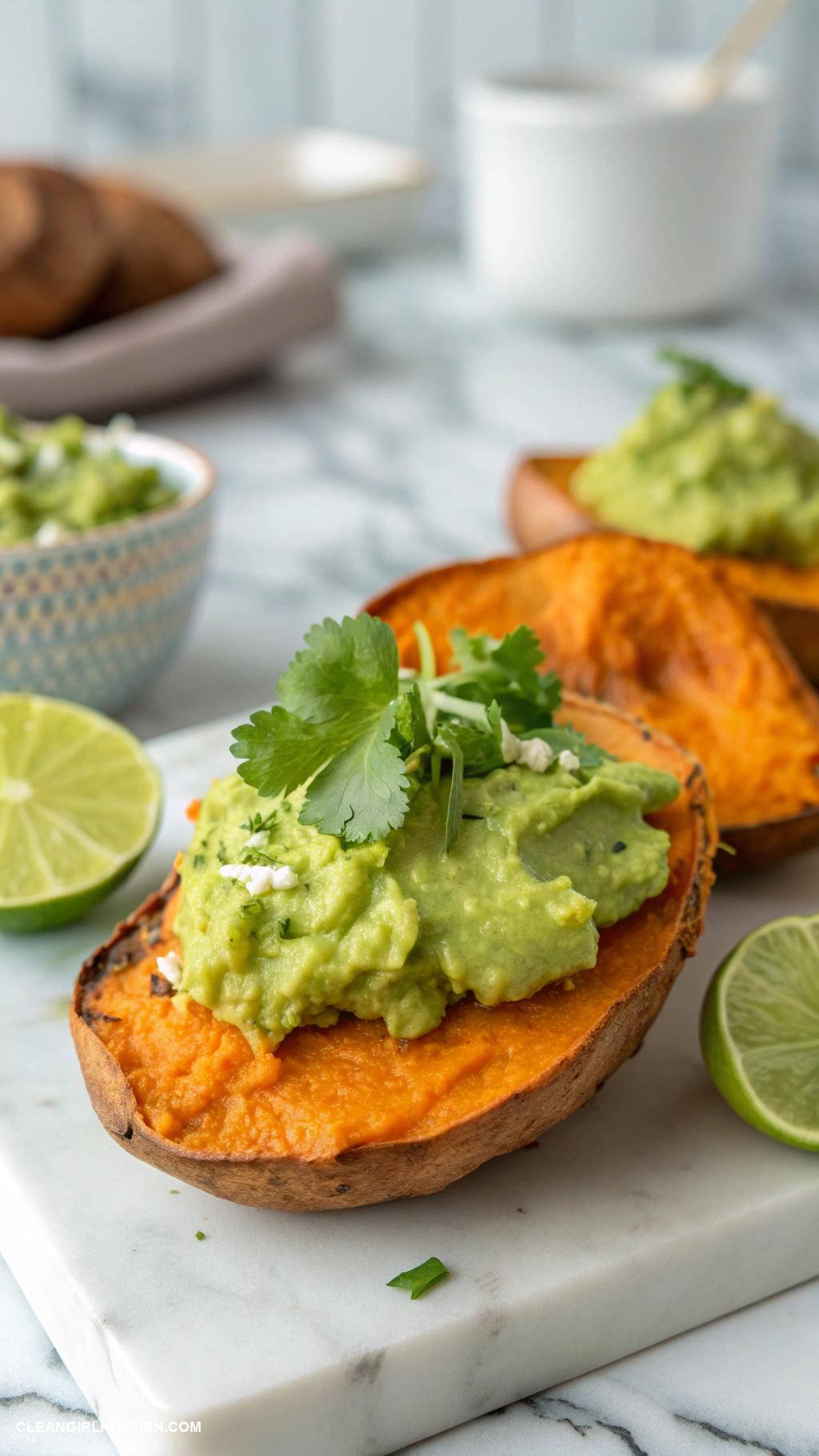 healthy appetizers Baked Sweet Potato Chips with Guacamole