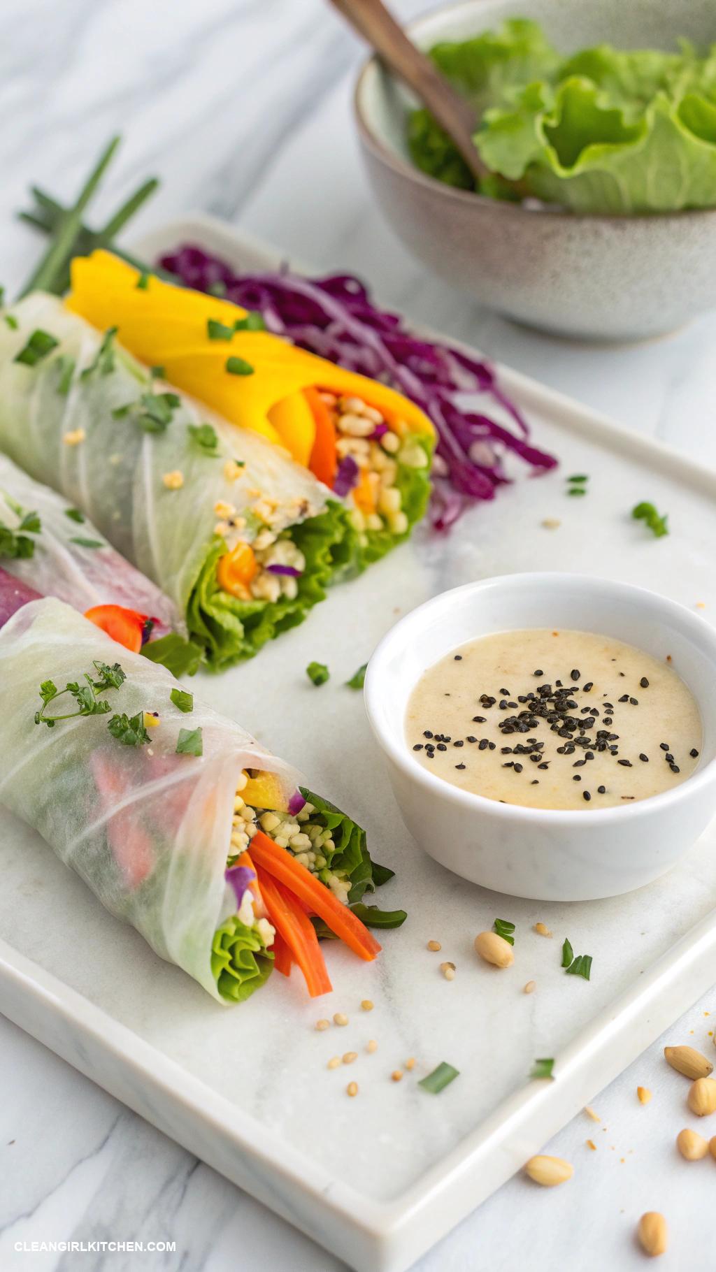 healthy appetizers Vegetable Spring Rolls with Nut Dipping Sauce